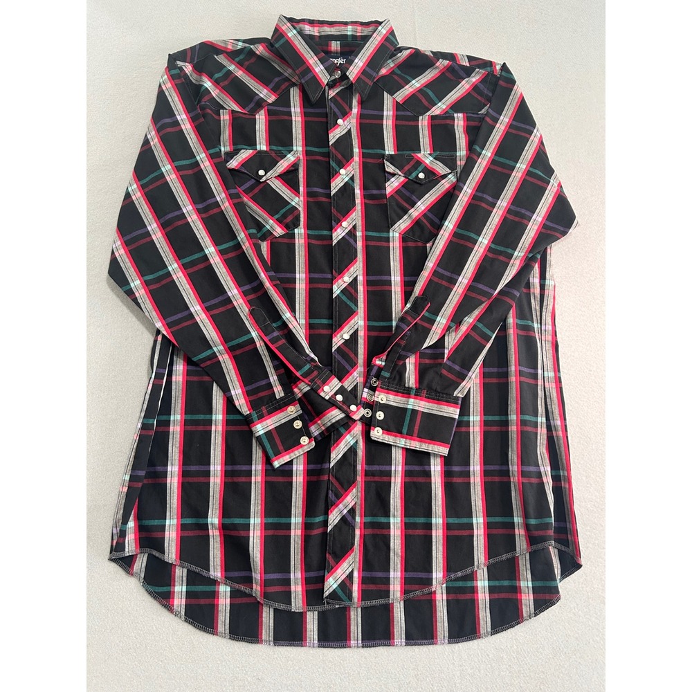 Vintage Wrangler Western Shirt Mens 18 x 36 Black Plaid Cowboy Cut Pearl Snap